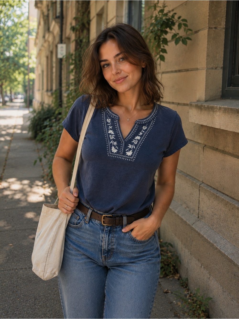Talbots | Navy with White Embroidery | Split-Neck Tee | M